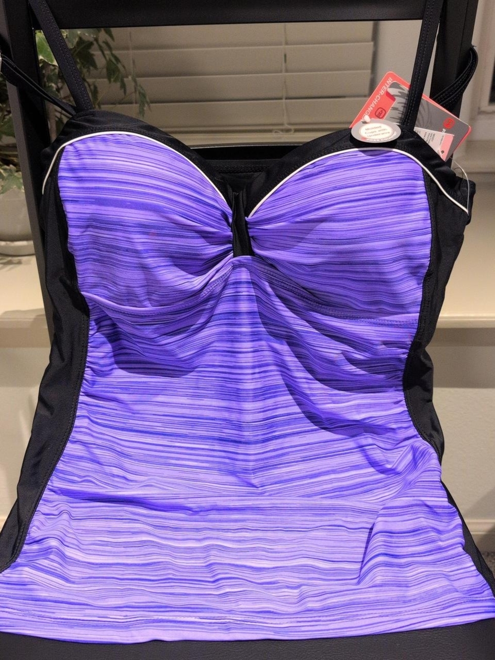NWT Free Country Purple Striped Tankini Top with Black Trim Size XL
